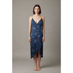 Y2K Navy Blue Floral Sparkle Midi Dress With Spaghetti Straps & Asymmetrical Hem